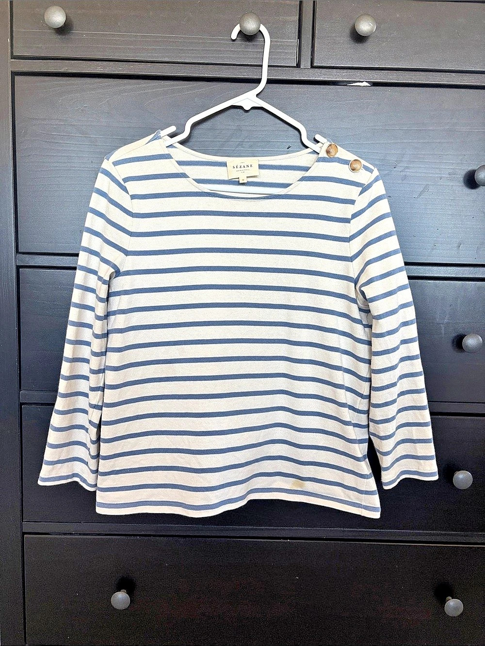 Sézane Colette Marinière Striped Long Sleeve Top Blue & Cream Medium